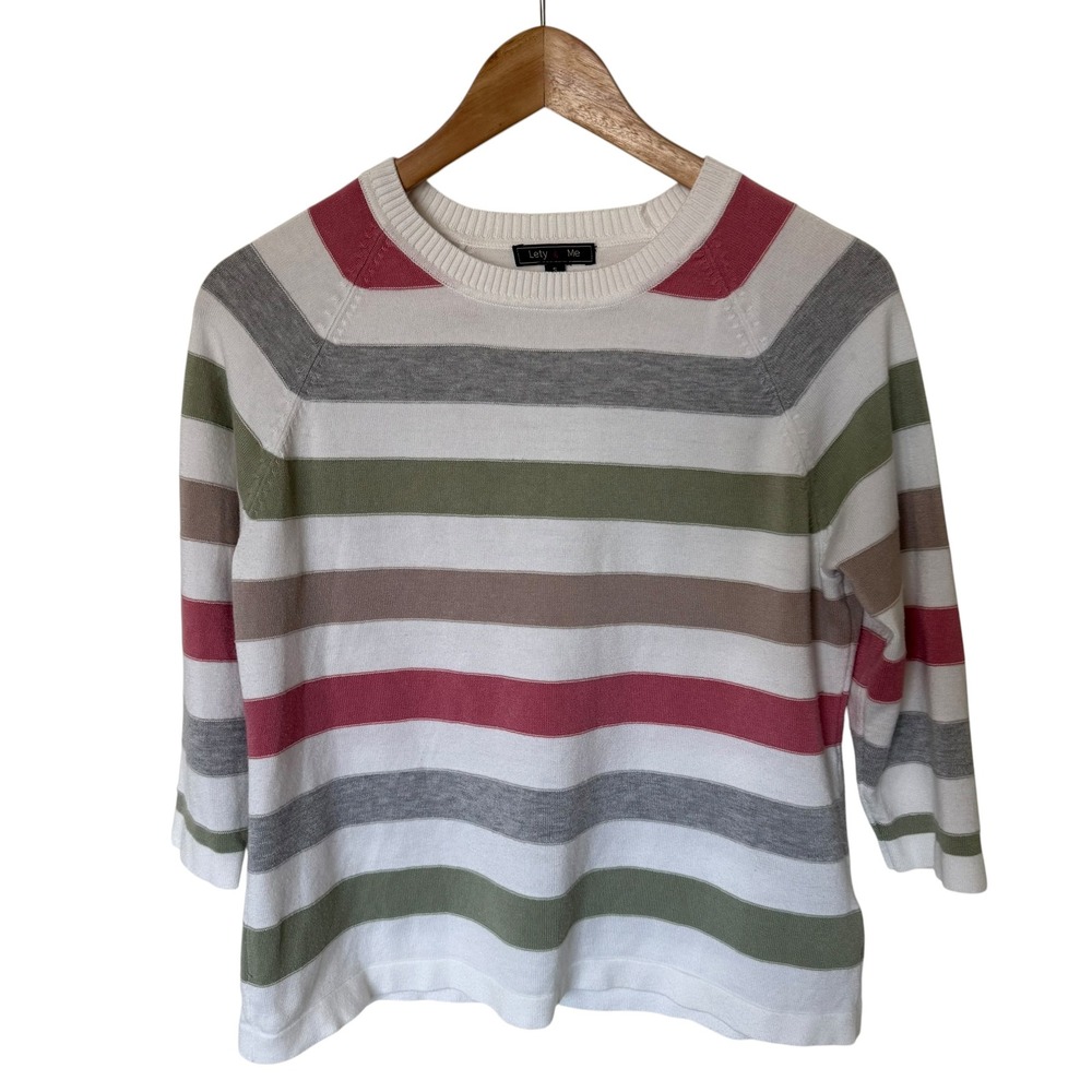 Lety & Me Striped Sweater Womens S White Pink Green Excellent Raglan 3/4 Sleeve